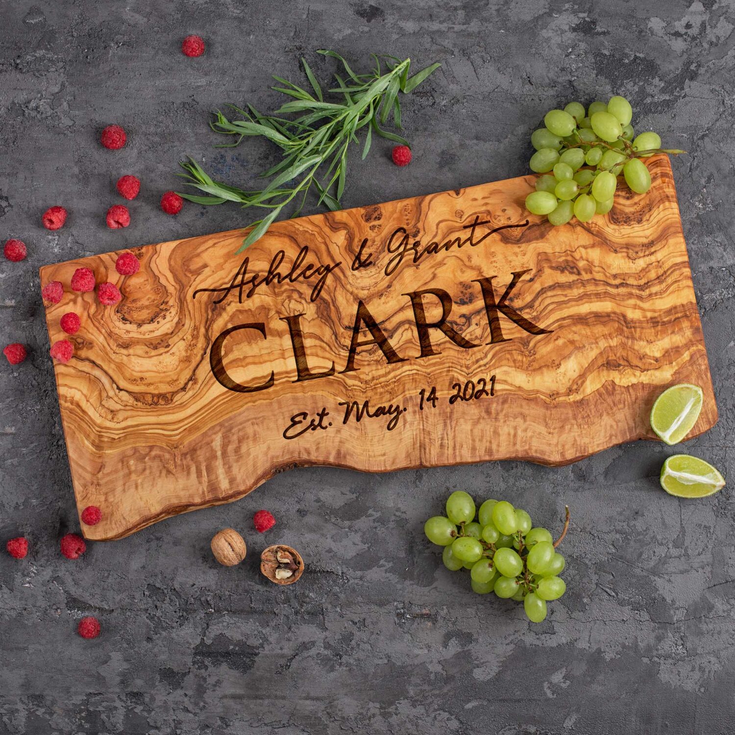 Personalized Olive wood Charcuterie Board with Live Edge