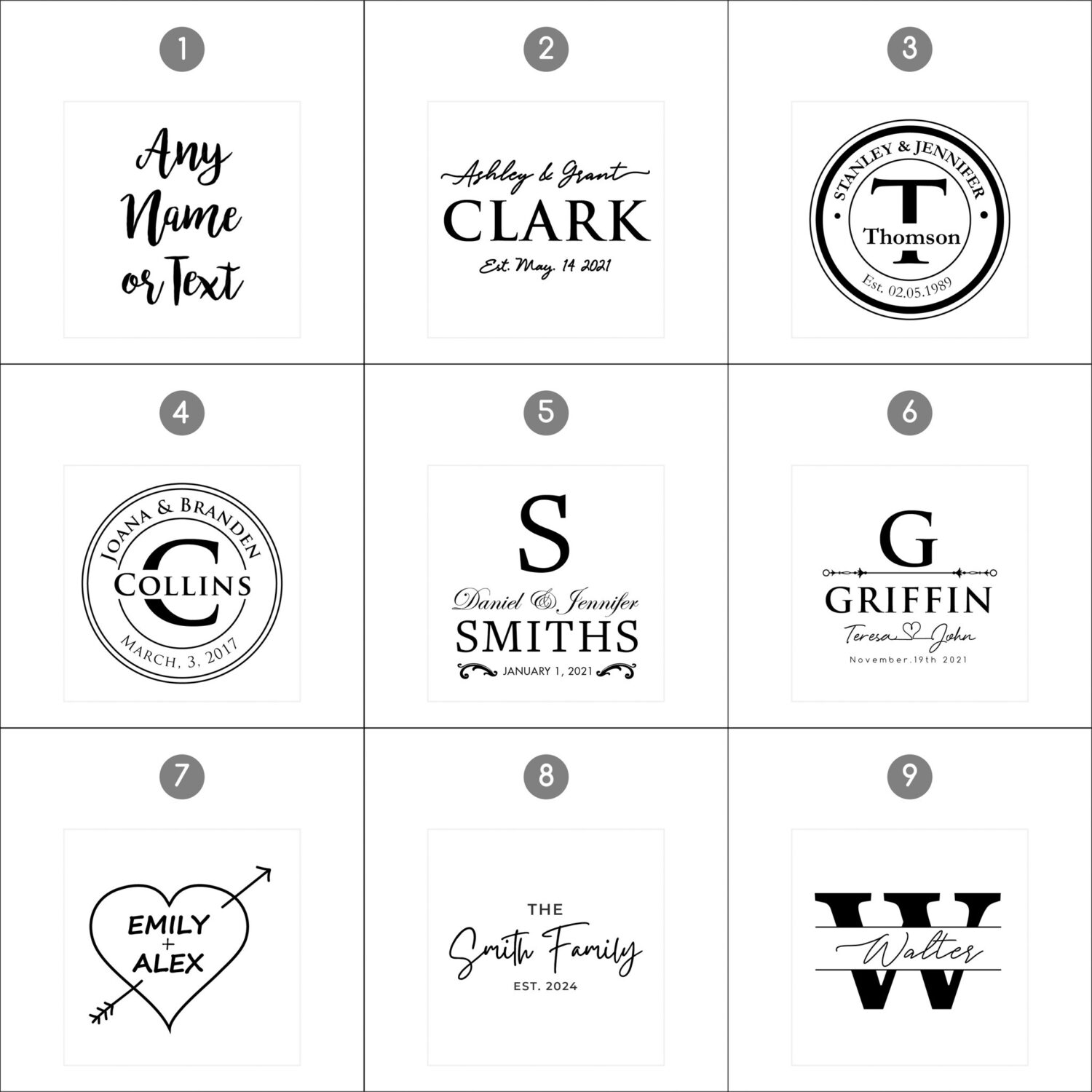 Nine different personalized wedding logo designs with various fonts and decorative elements.