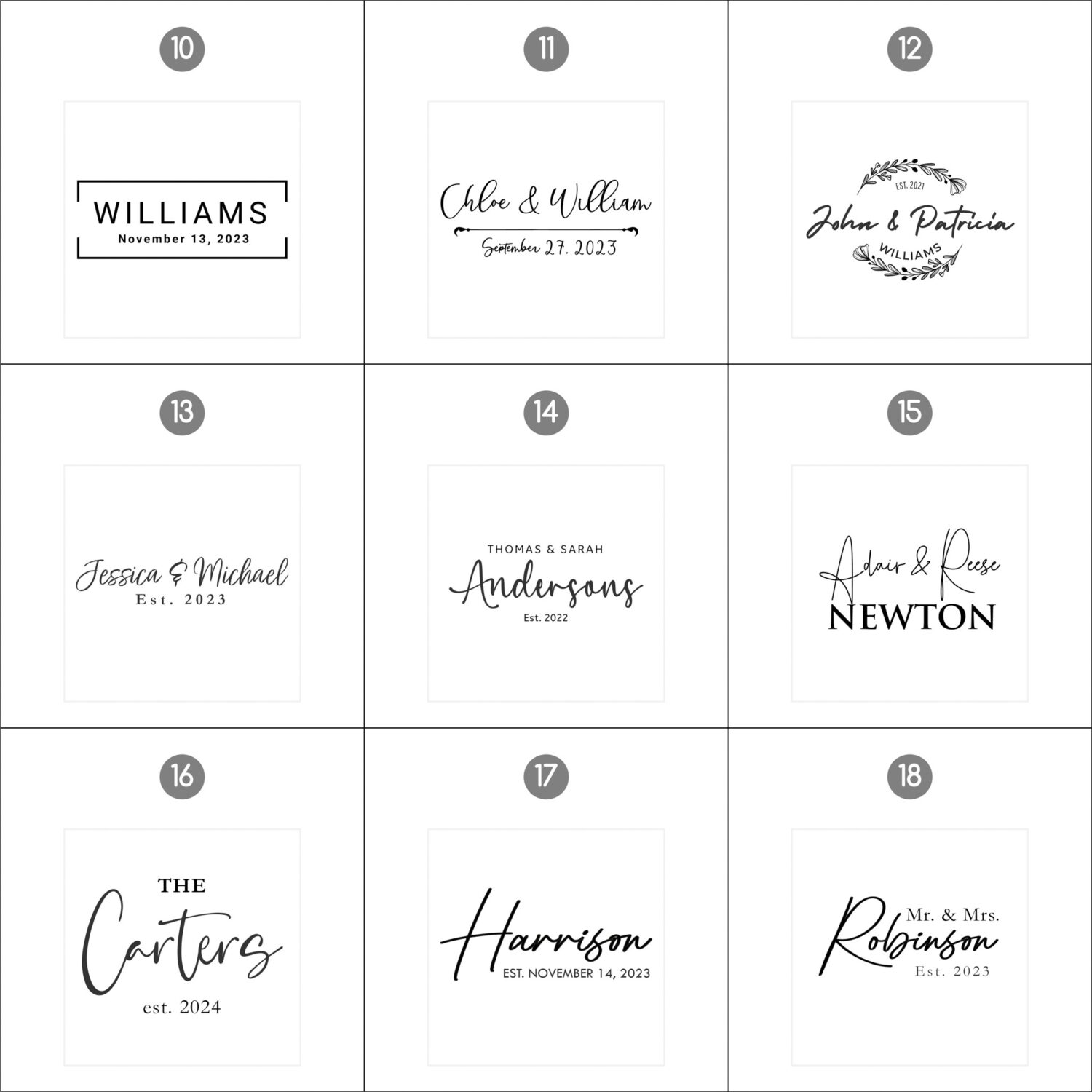 Nine assorted black and white table number cards with various fonts and decorative text, including names and dates.