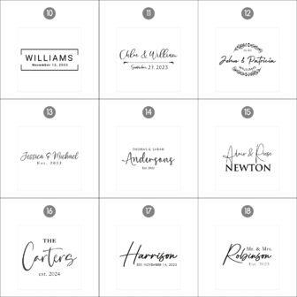 Nine assorted black and white table number cards with various fonts and decorative text, including names and dates.