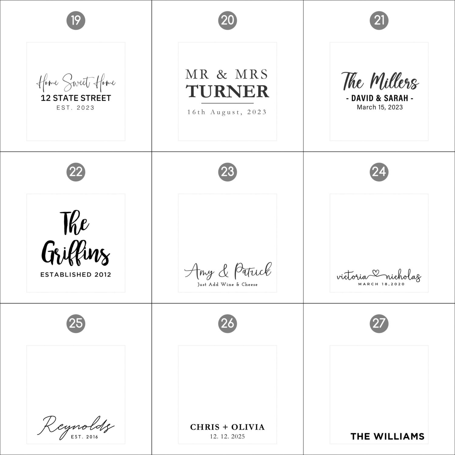 Collection of nine personalized event or address stamp designs with various names, dates, and monograms.