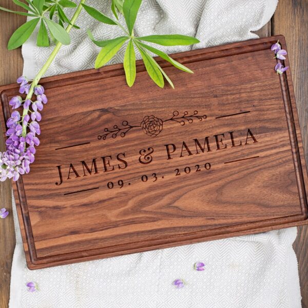 Personalized cutting board for couple as marriage gift.
