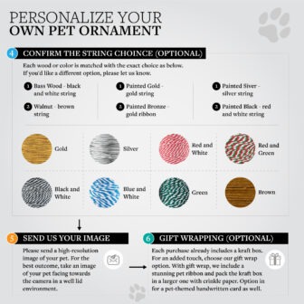 A graphic showcasing various options for customizing a pet-themed christmas ornament, including material choices, colors, and additional personalization and gift-wrapping services.