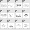 Twelve assorted black and white personalized monogram designs with names and dates.