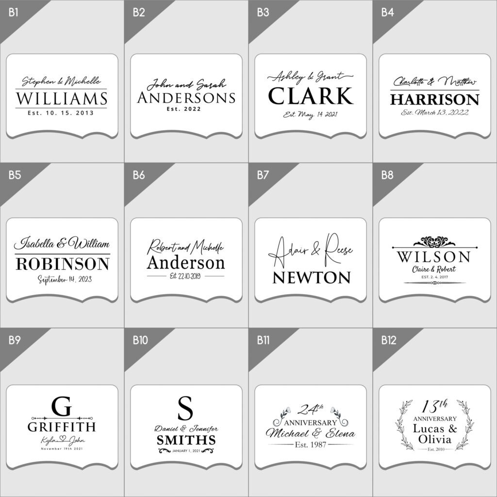 Twelve assorted black and white personalized monogram designs with names and dates.