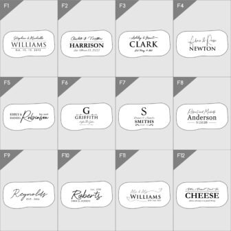 A collection of twelve monochrome designs for personalized name stamps or labels, each featuring different fonts and styles.