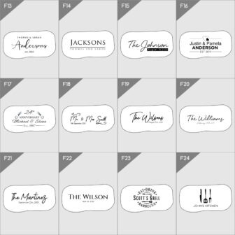 A collection of personalized name and date monogram designs in black and white, suitable for weddings or anniversaries.