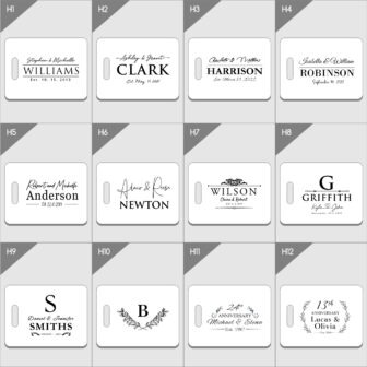 A collection of personalized monogram designs with names and significant dates, likely for weddings or anniversaries.