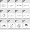 A collection of grayscale designs for personalized name stamps or labels, each featuring different fonts and decorative elements.