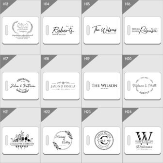 A collection of grayscale designs for personalized name stamps or labels, each featuring different fonts and decorative elements.