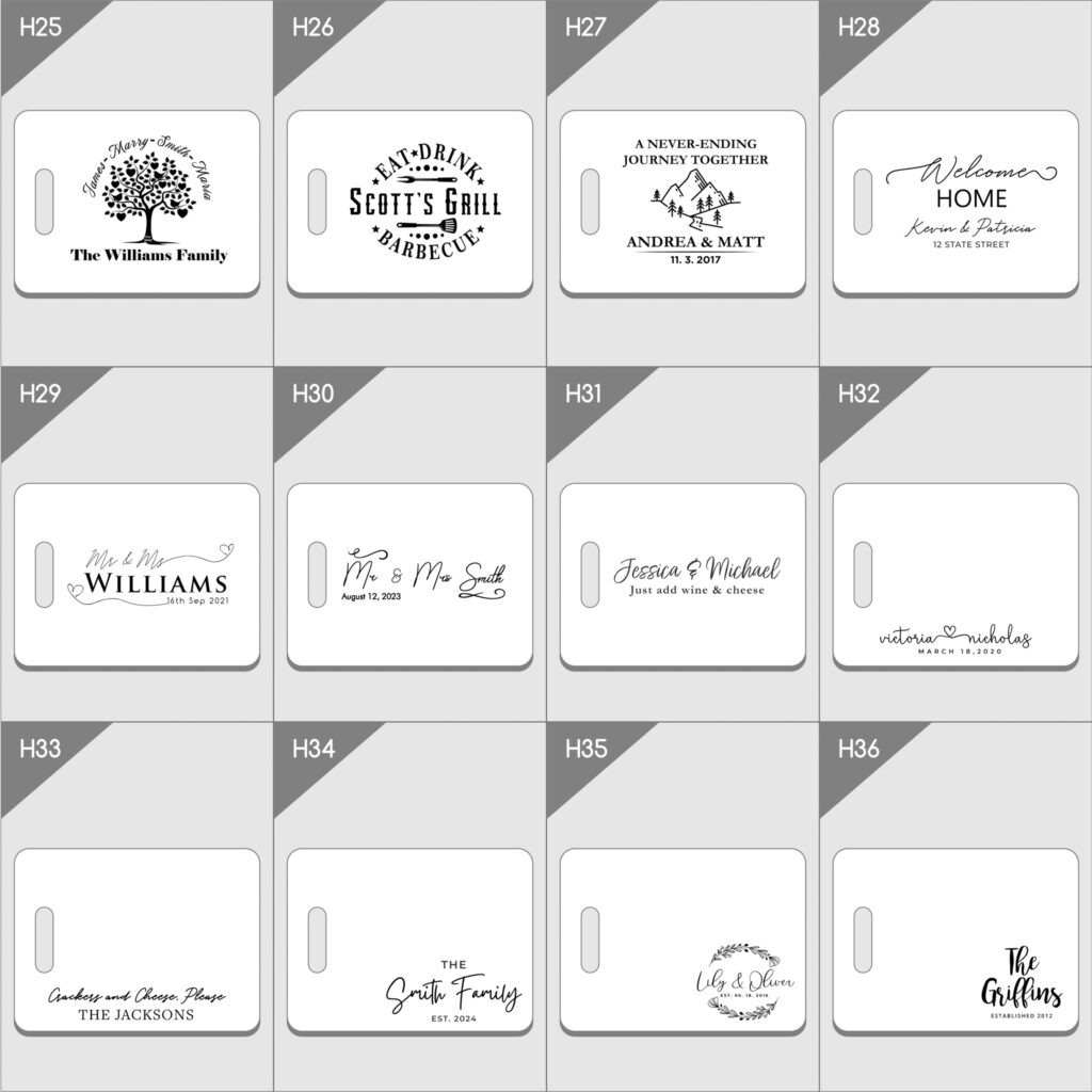 Twelve different styles of personalized rubber stamp designs for various occasions and labeling purposes.