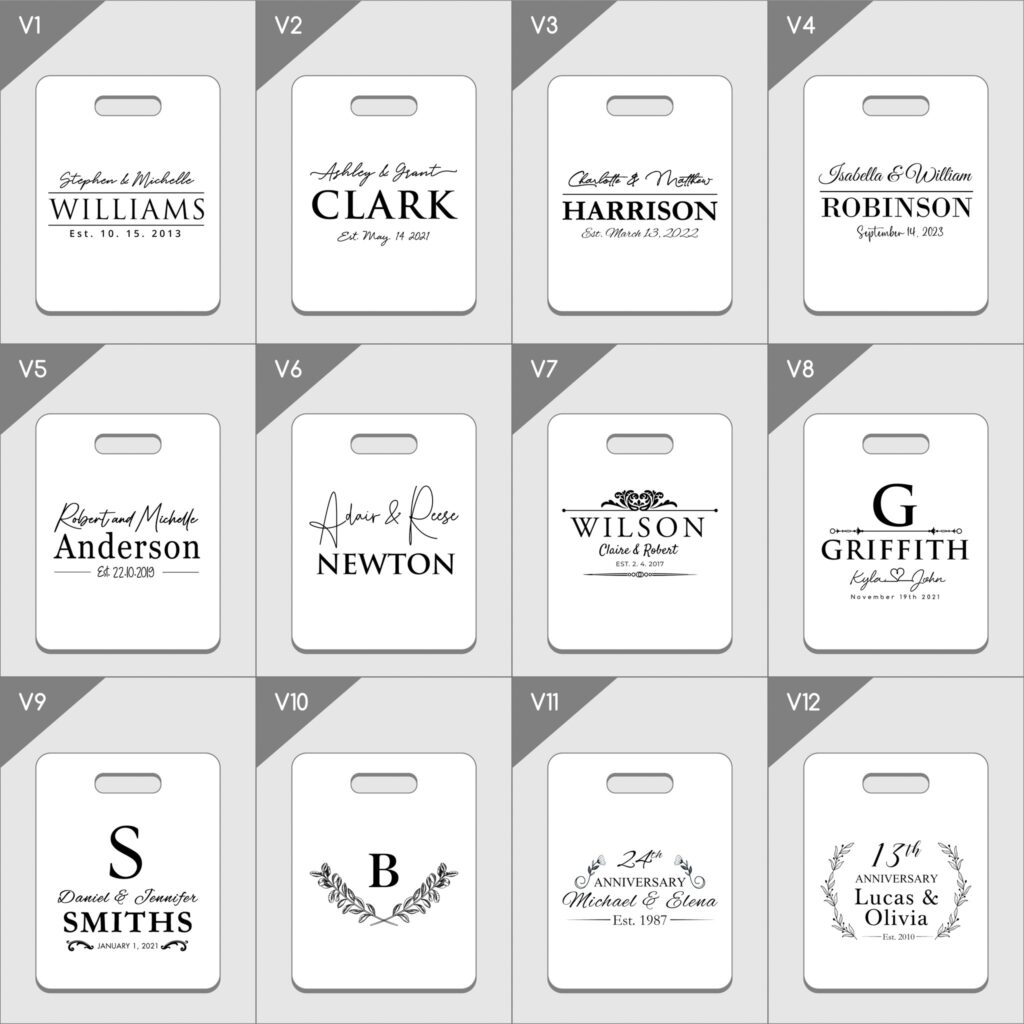 A collection of twelve personalized wedding table number cards with various names, dates, and decorative elements.