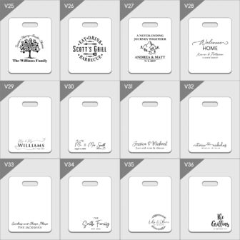 A collection of personalized cutting board design templates with various decorative fonts and motifs.