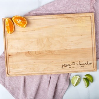 A wooden cutting board with orange slices on it.