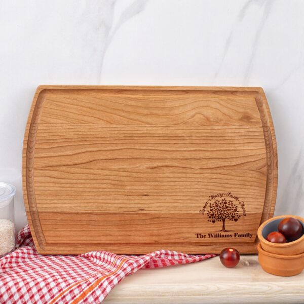 A wooden cutting board on a table with a bowl of cereal.