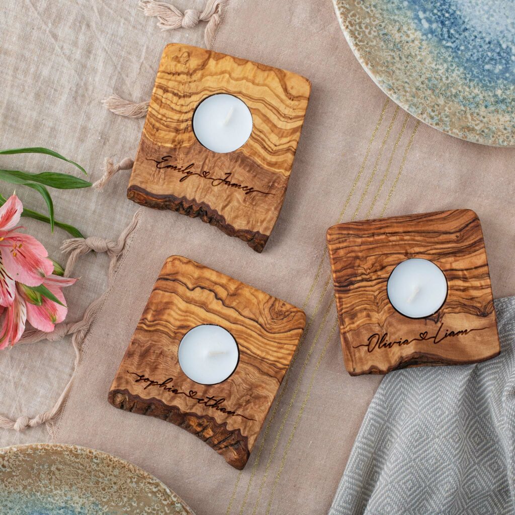 three personalized candle holders as rustic wedding table decor