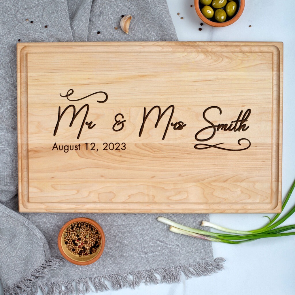 A wooden cutting board with the words mr and mrs smile.