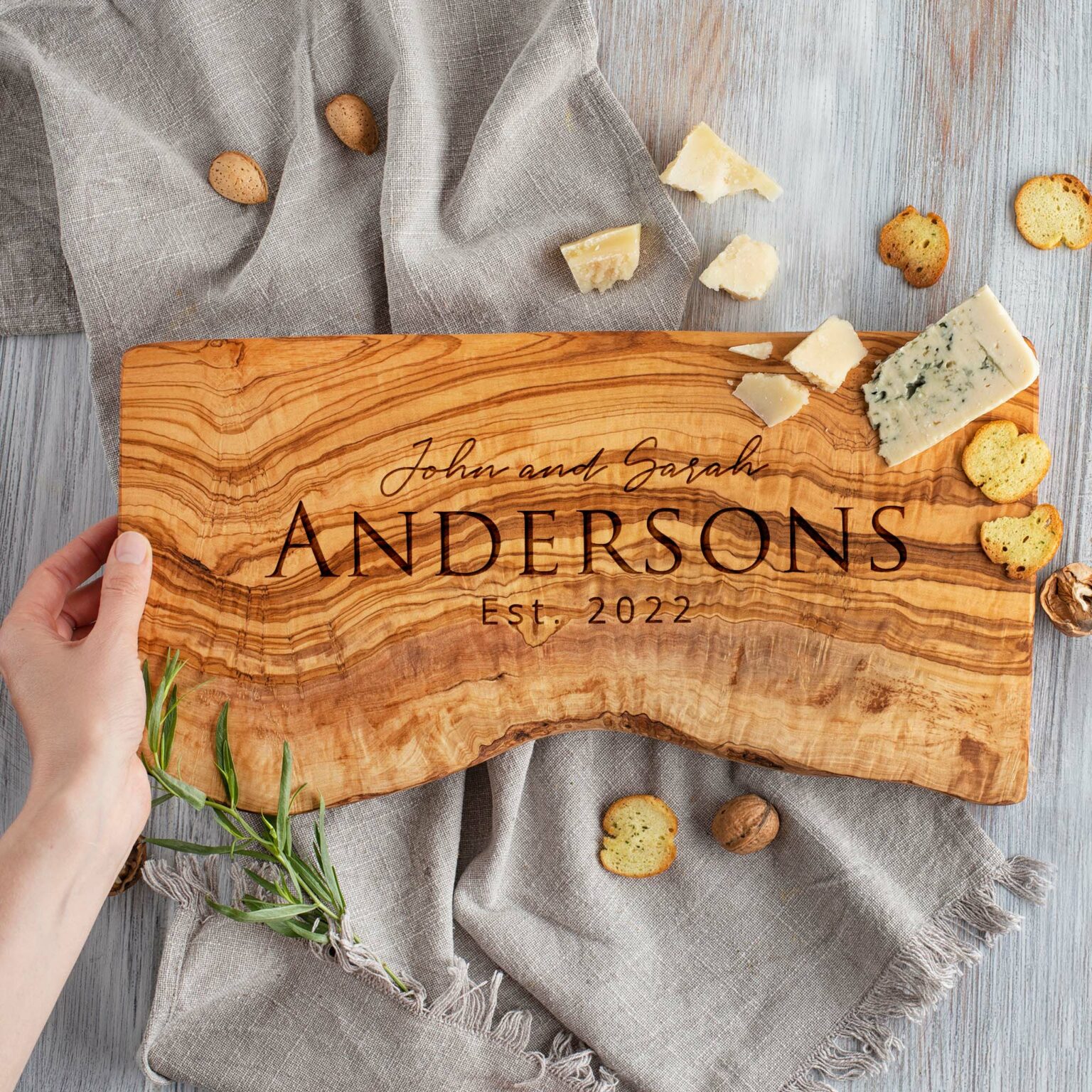 Personalized Live Edge Olive Wood Cutting Board - Forest Decor