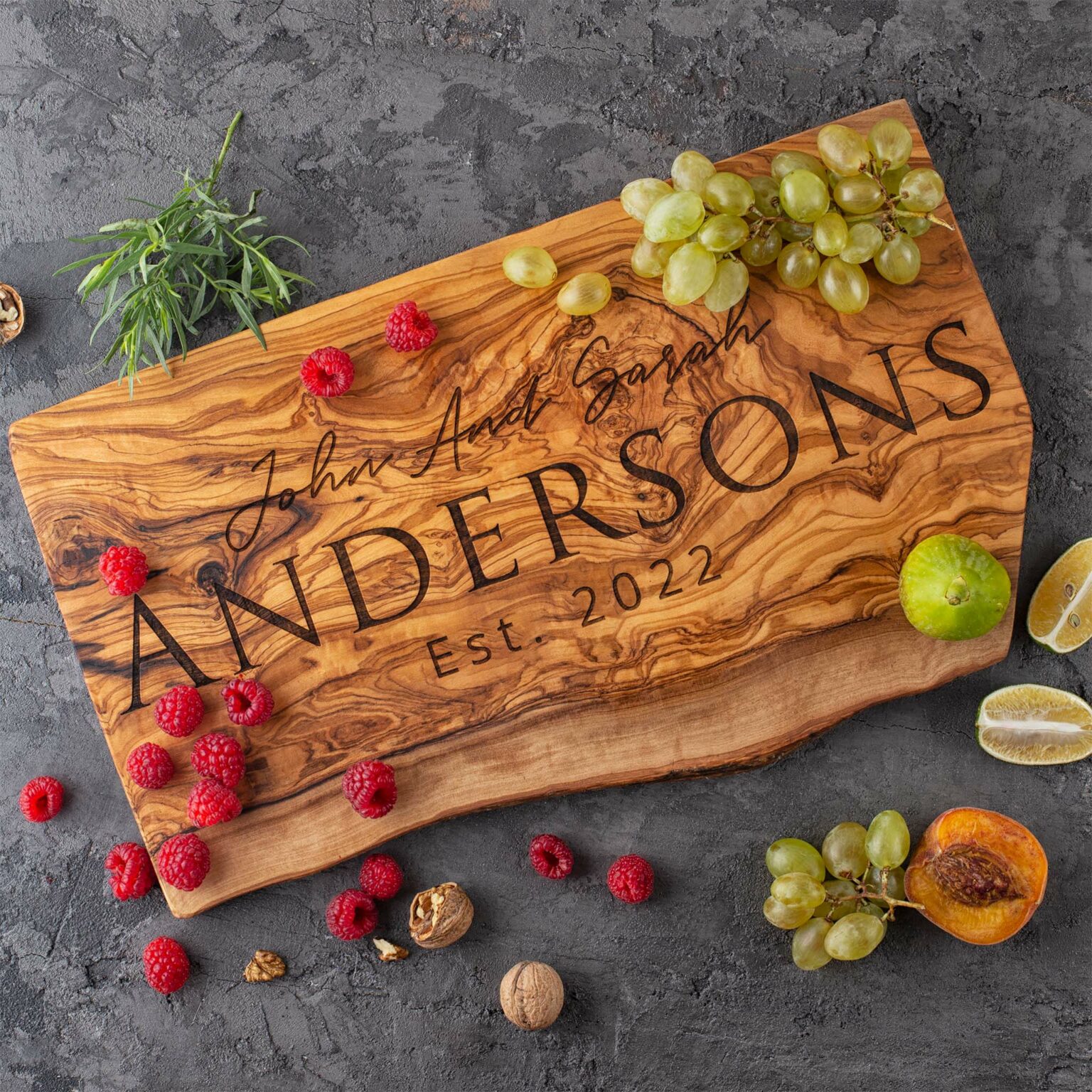 Personalized Live Edge Olive Wood Cutting Board Forest Decor 