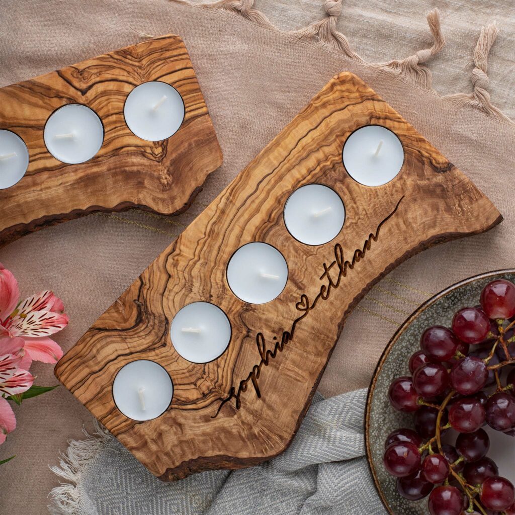 two live edge olive wood candle holders with personalization
