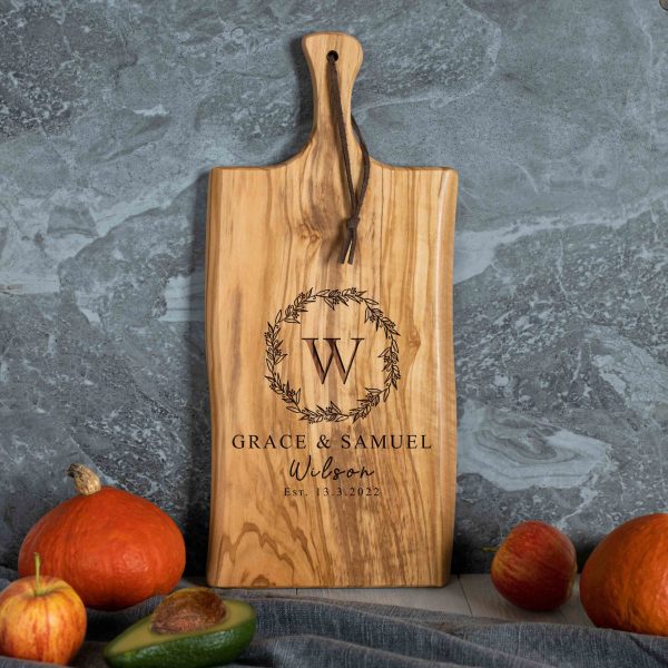 Personalized Olive Wood Cutting Board with Handle (17x8)