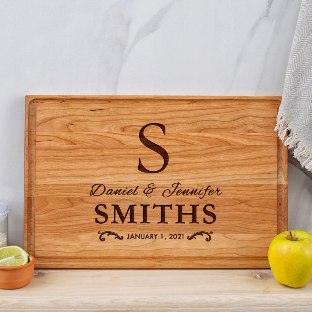 A cutting board with the initial s on it.