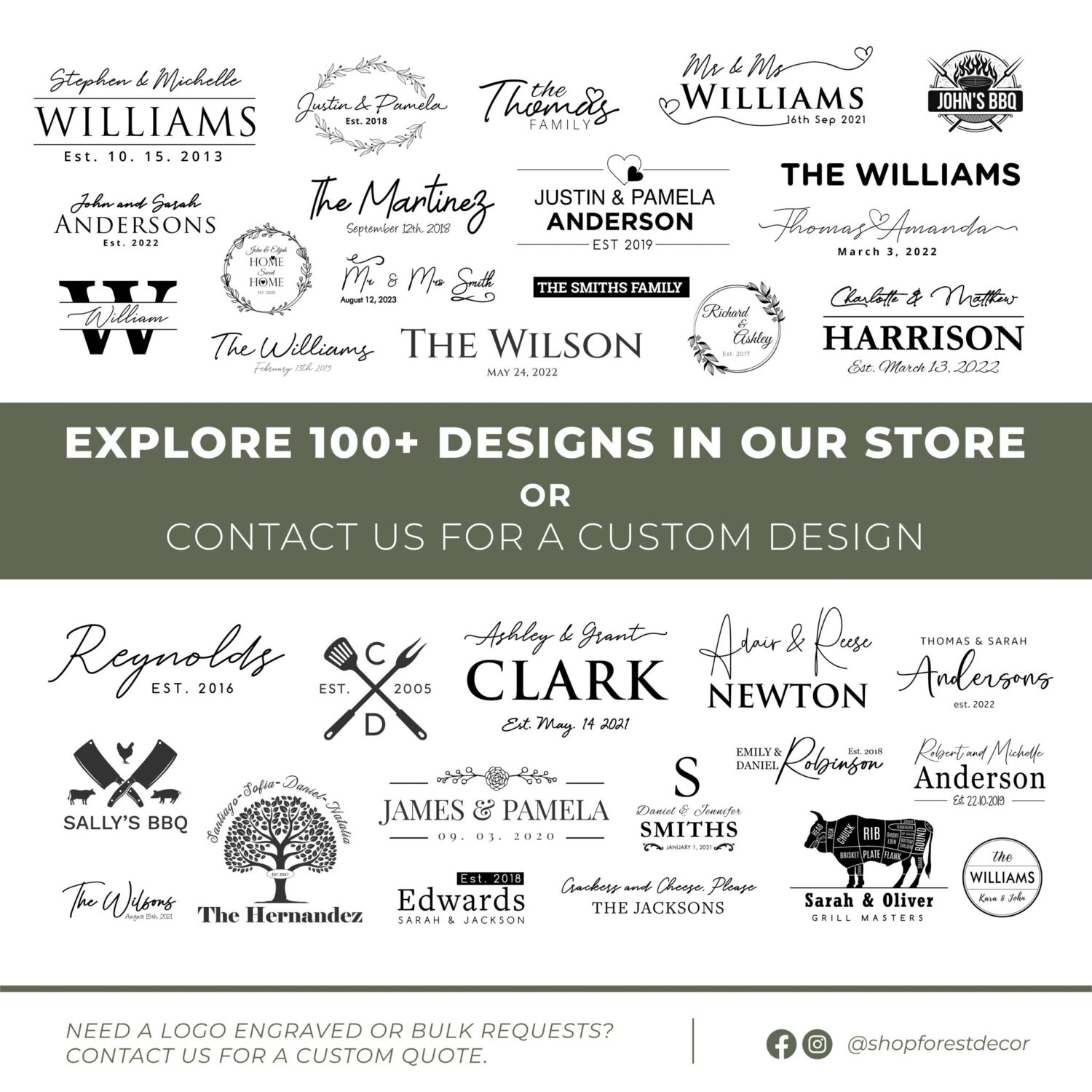 A promotional image showcasing various custom-designed monograms and logos for personal and business branding by a design service.