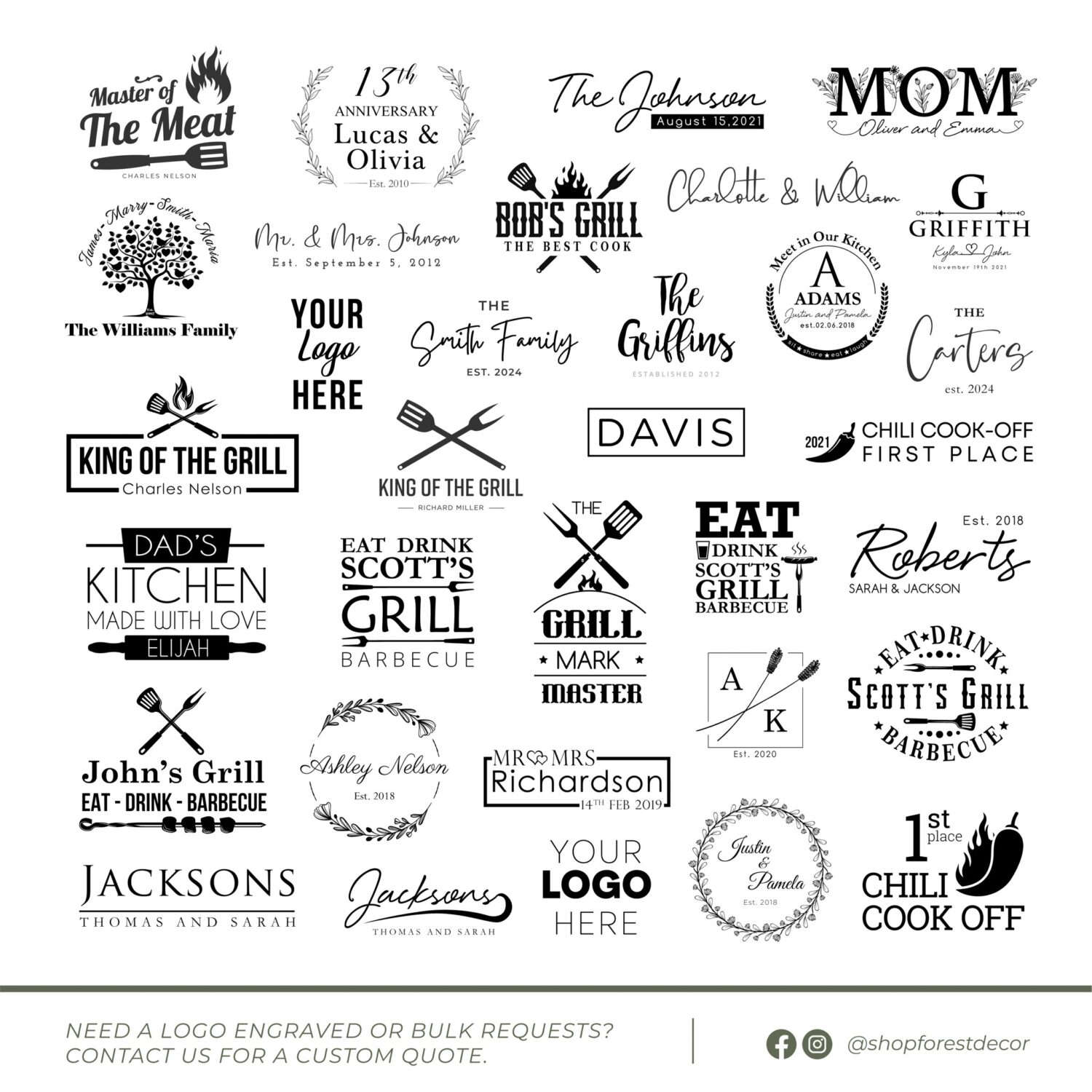 A collection of black and white barbecue-themed logos and emblems for various family grill events and businesses.
