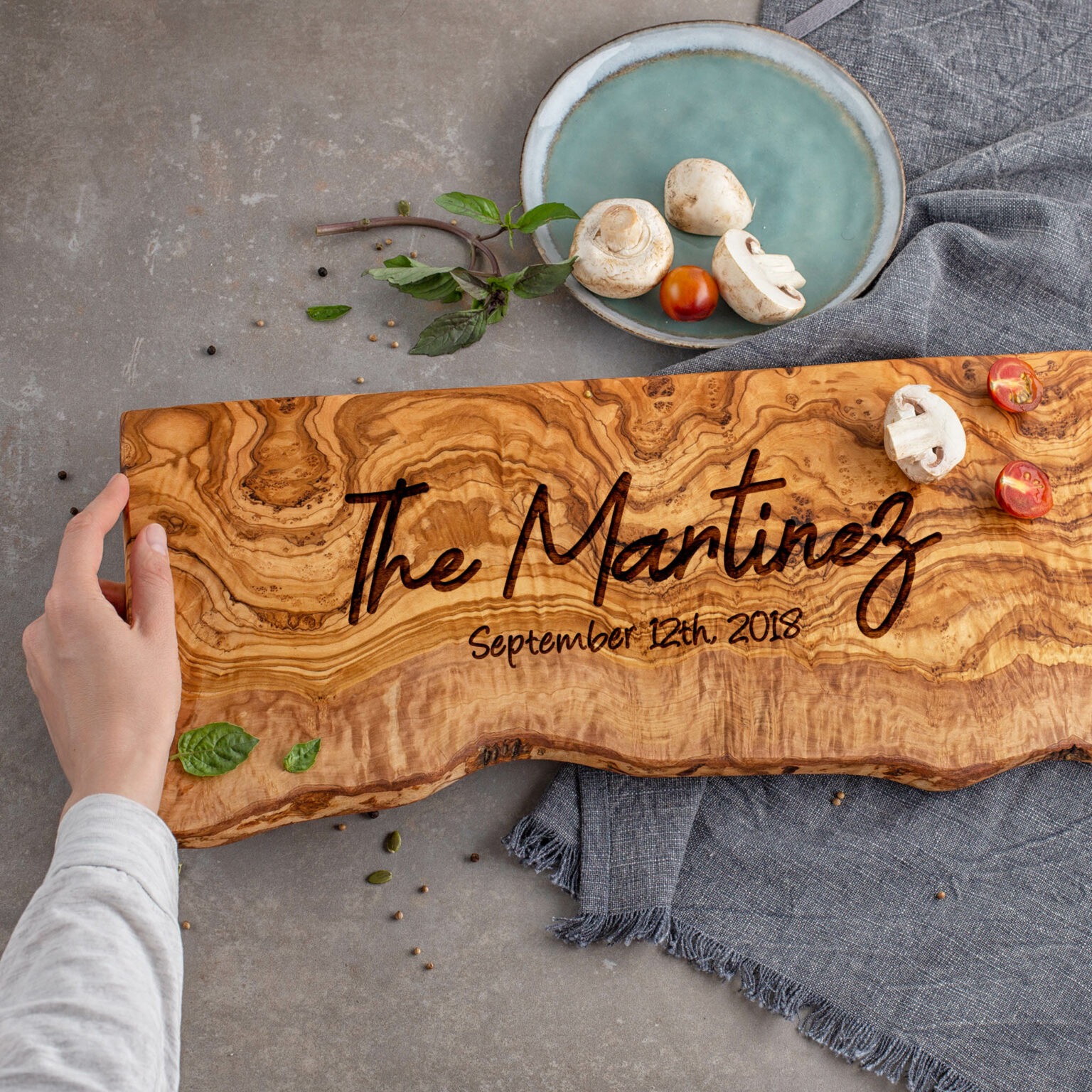 Personalized Live Edge Olive Wood Cutting Board - Forest Decor