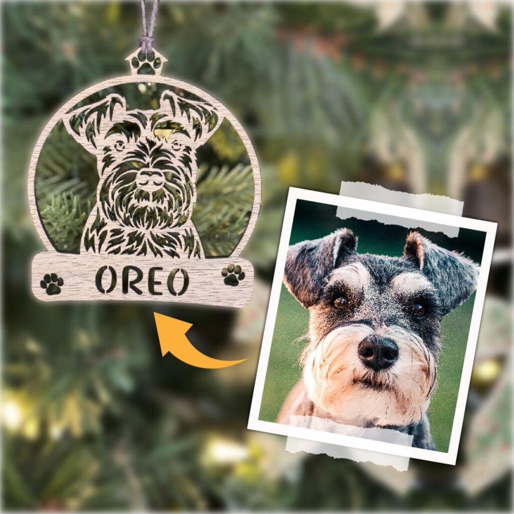 A photo of a schnauzer hanging on a christmas tree ornament.