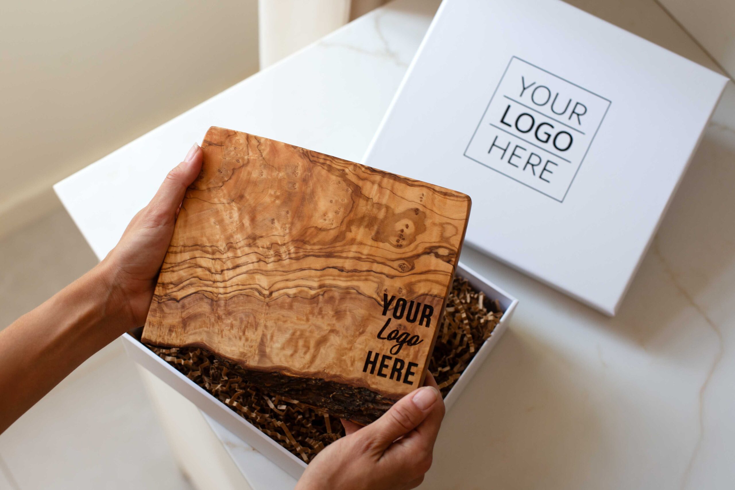Olive Wood Charcuterie Board with Logo Oval – Client & Employee Gifts