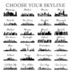 A set of city skylines in black and white.