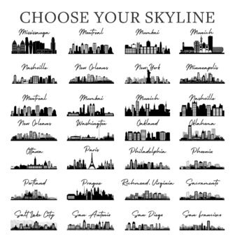 A set of city skylines in black and white.