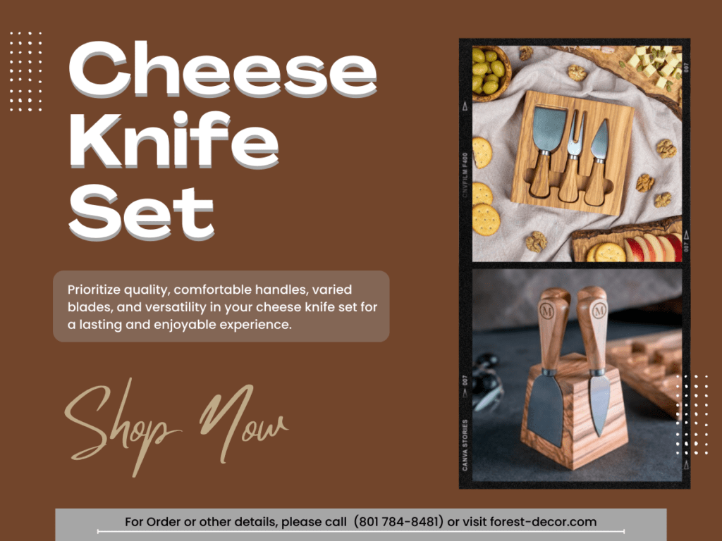 A cheese knife set on a brown background.