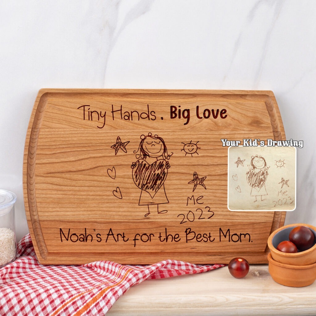 A wooden cutting board with a picture of a child.