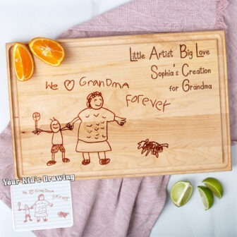 A wooden cutting board with a drawing of a grandma and grandpa.