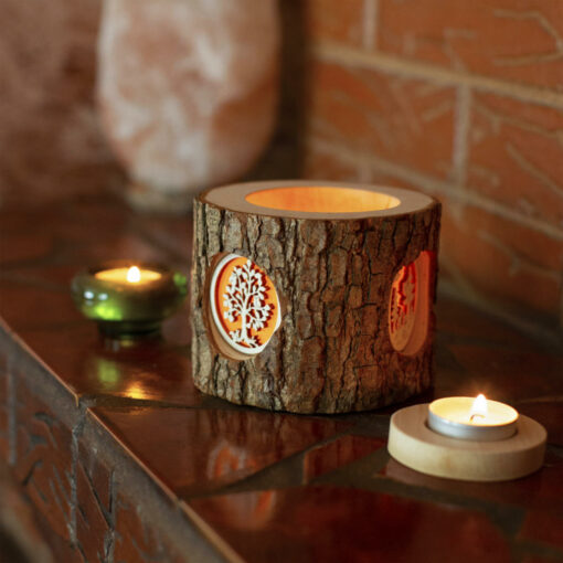 Wood Tealight Candle Holder with Three Scenes
