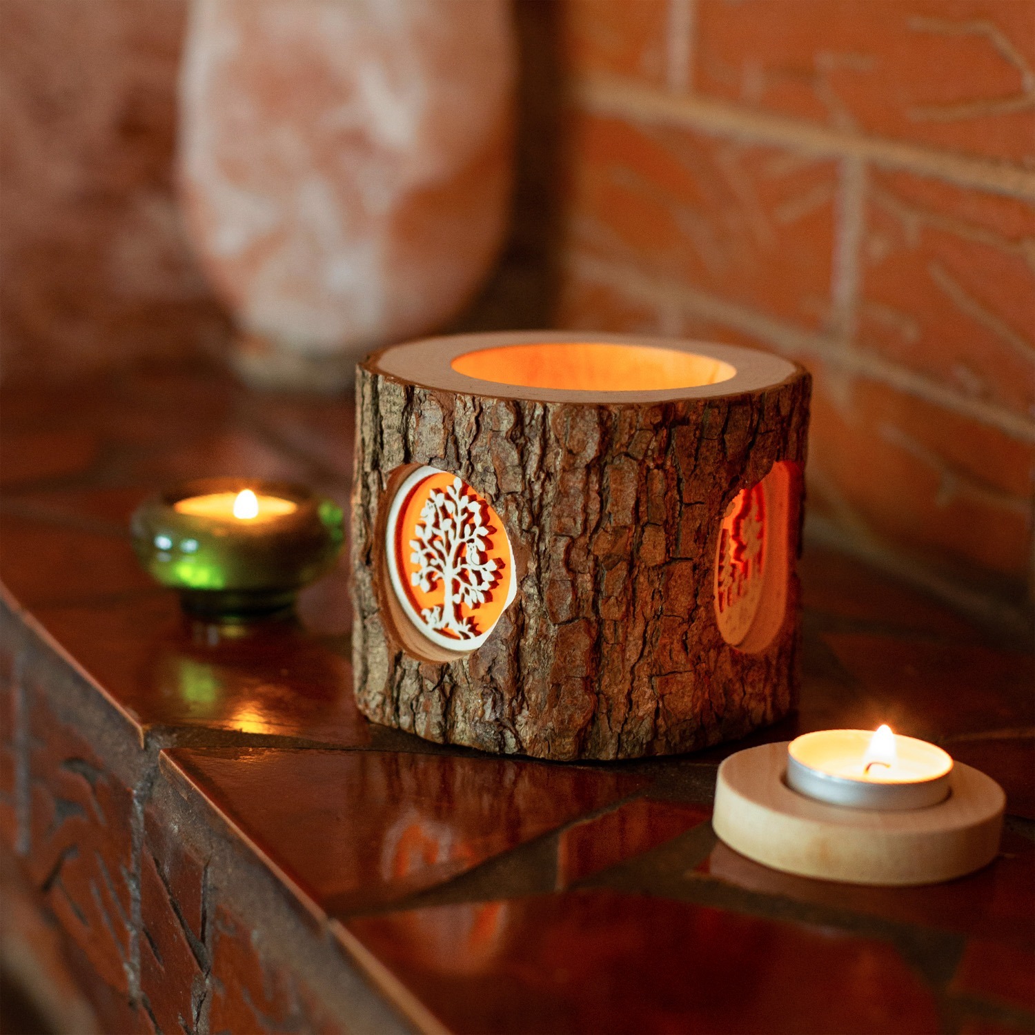 A wooden candle holder on a wooden table.