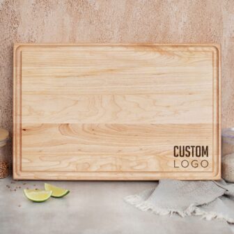 A rectangular custom cutting board with the words custom logo.