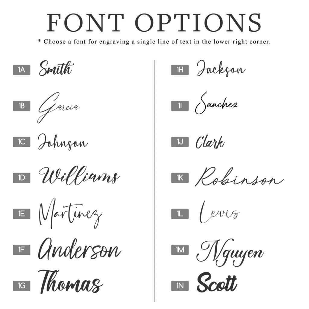 A list of font options for a wedding invitation.