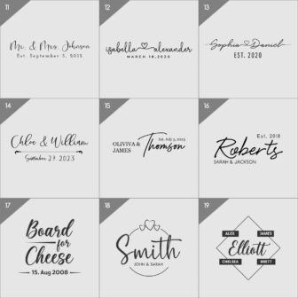A collection of wedding logos in black and white.