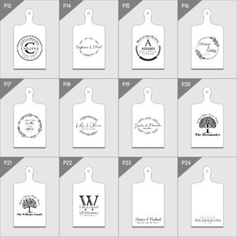 Twelve personalized cutting board designs with various family names and monograms.