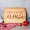 A wood cutting board with the name Stephen and Williams.