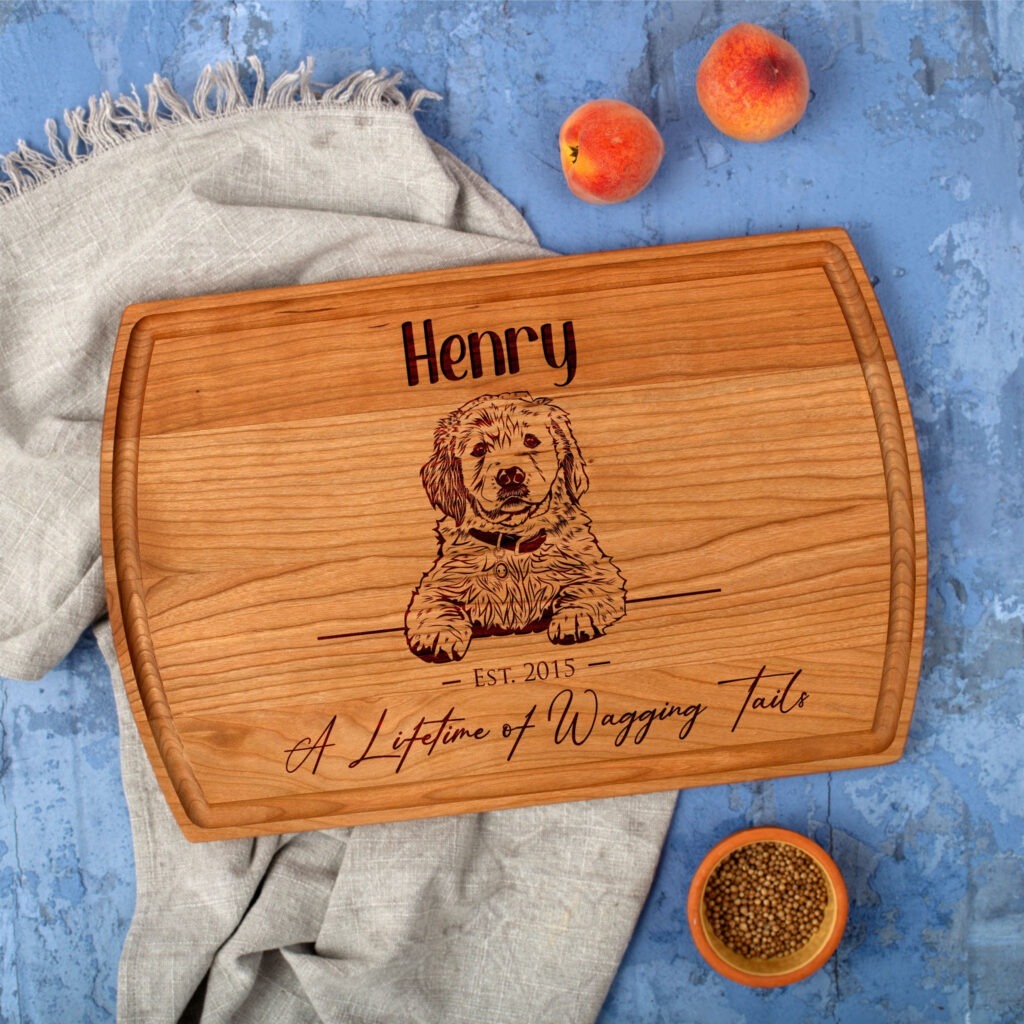 A wooden cutting board with a dog on it next to a towel and fruit.