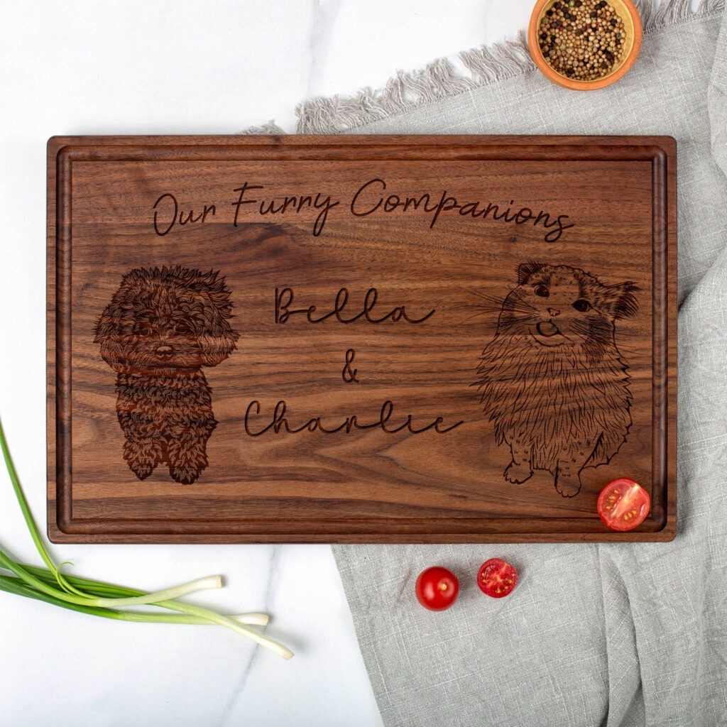Our funny companions engraved wooden cutting board.