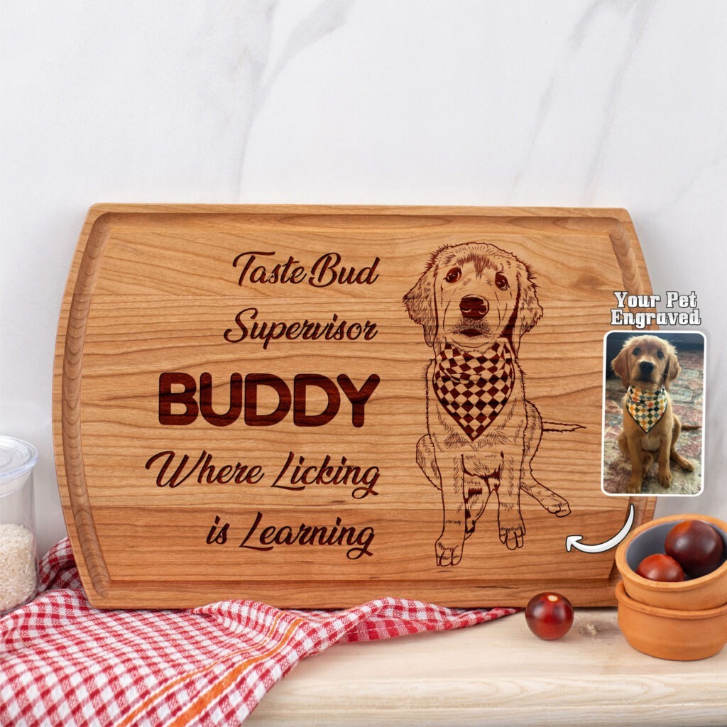A wooden cutting board with an image of a dog with a bandana on it.