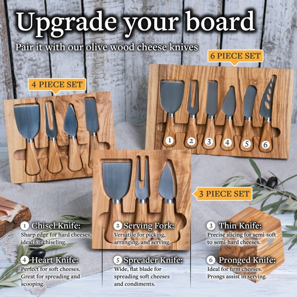 A wooden board with a set of cheese utensils.