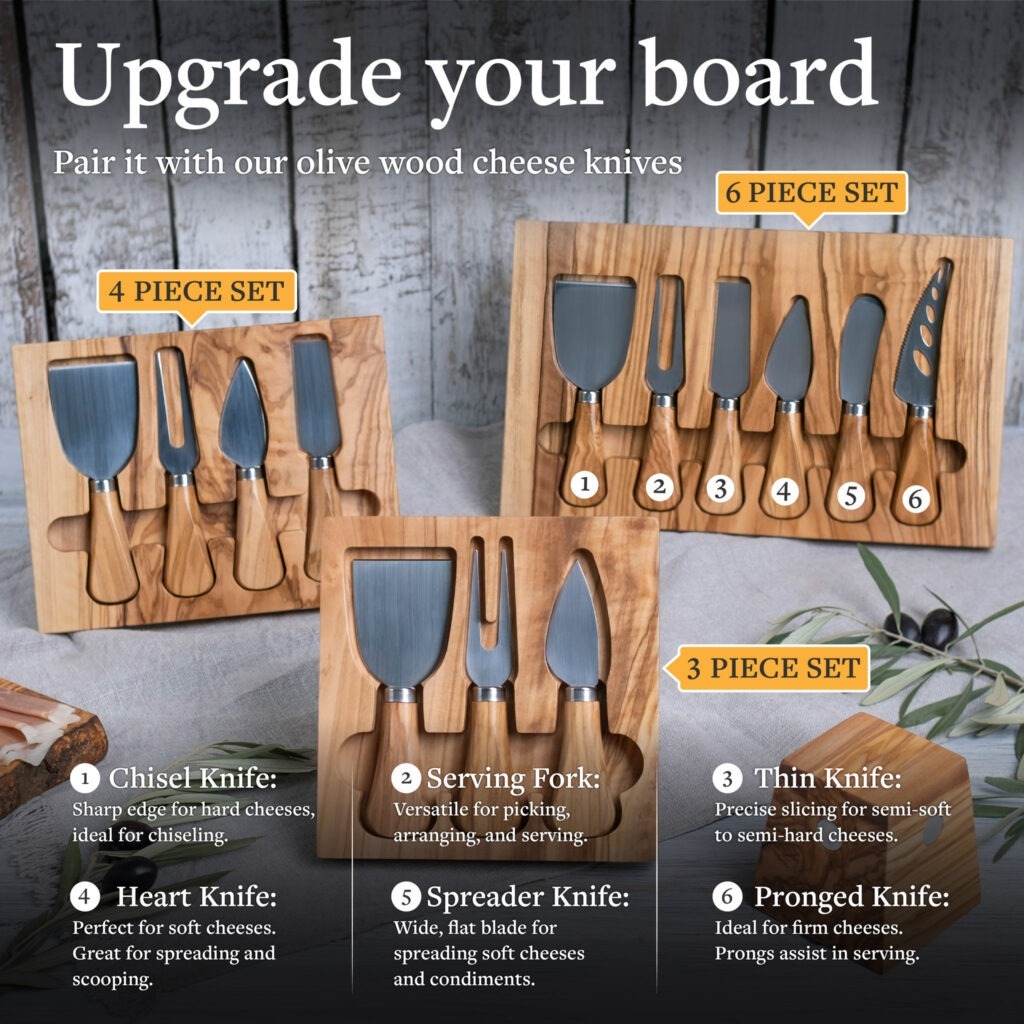 A wooden board with a set of knives and utensils.