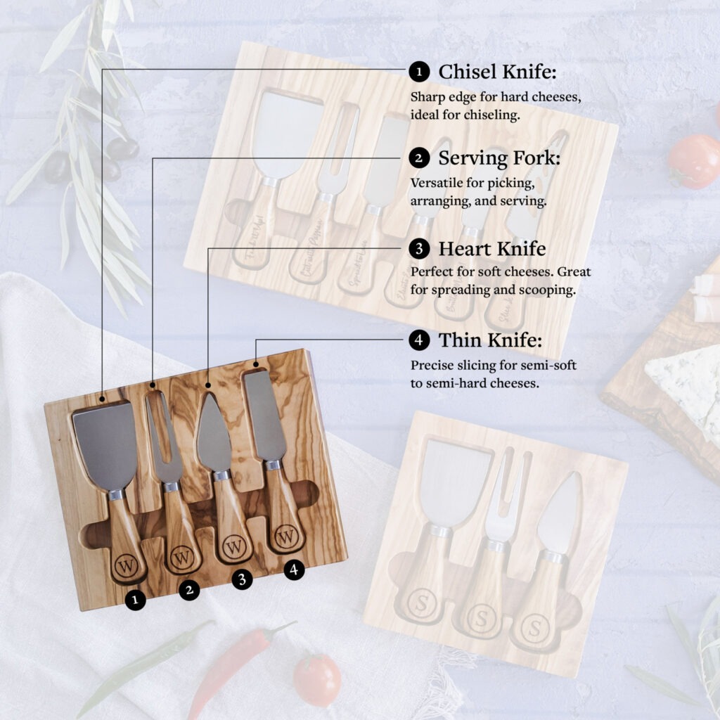 A wooden cheese board with a cheese knife and other kitchen tools.