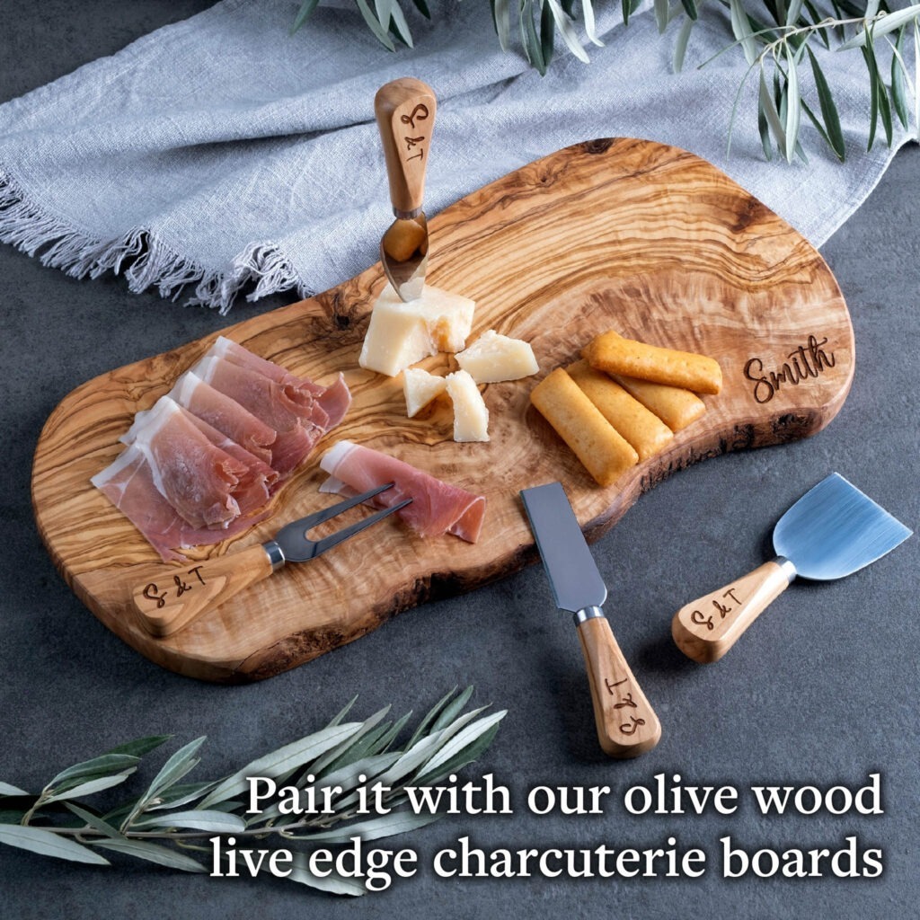 Olive wood live edge charcuterie board.